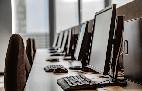 Row of computer workstations in an office with natural light coming through the windows