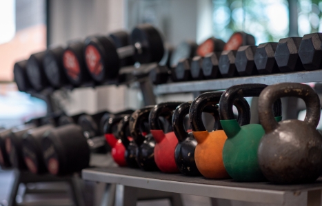 kettlebells and weights in a line