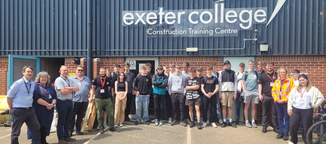 Students and staff gather outside the Construction Centre