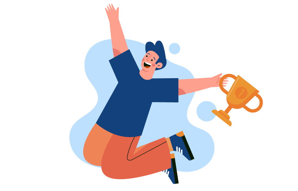 Illustration of happy male student jumping next to a prize 