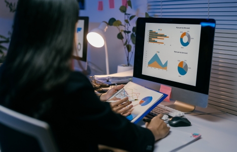 A person sat at a screen analysing financial charts displayed on a computer