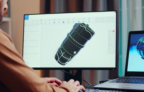 engineer looking closely at turbine project on a screen