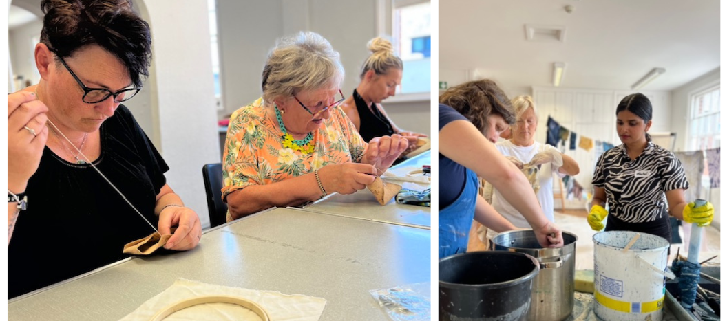 Two photos one of adult learners sewing and the other of them baking