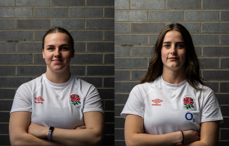 Two female sports students portraits wearing England rugby kits