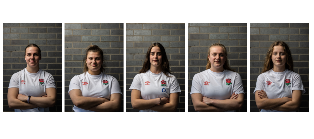 Five portraits of our female sports students wearing the England rugby kit with their arms crossed