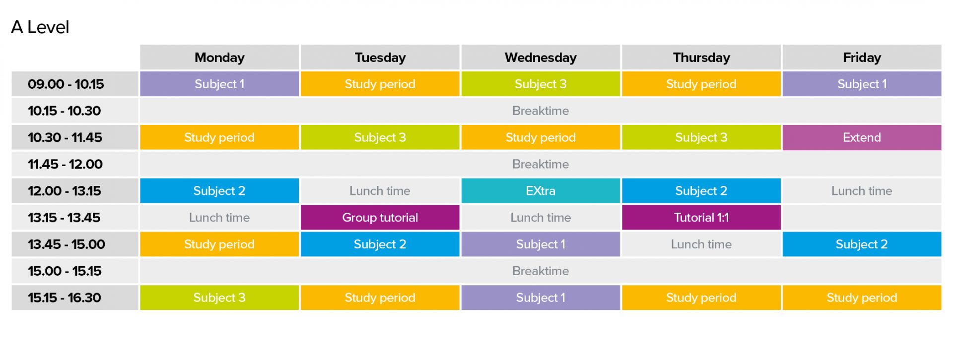 Typical time table of A Level full time programmes for a week