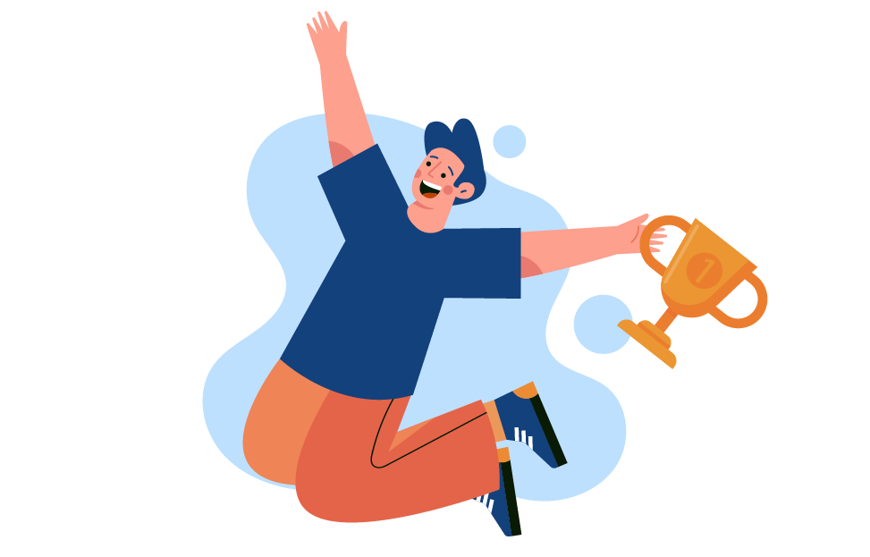 Illustration of happy male student jumping next to a prize