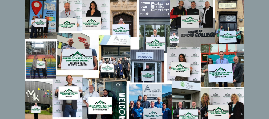 Collage of teams a round England holding green construction advisory panel signs