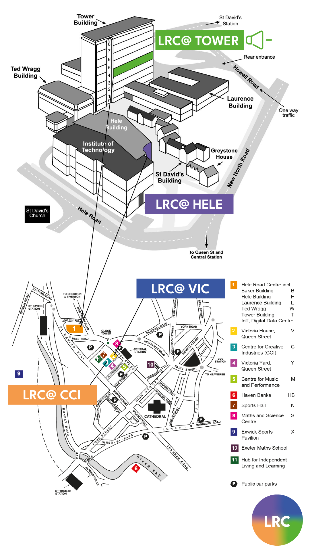 Maps of the Exeter City Centre Campus's and the location of the LRCs in each