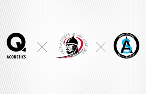 Logos for Q Acoustics, Exeter Chiefs Rugby Academy and Exeter College Academy