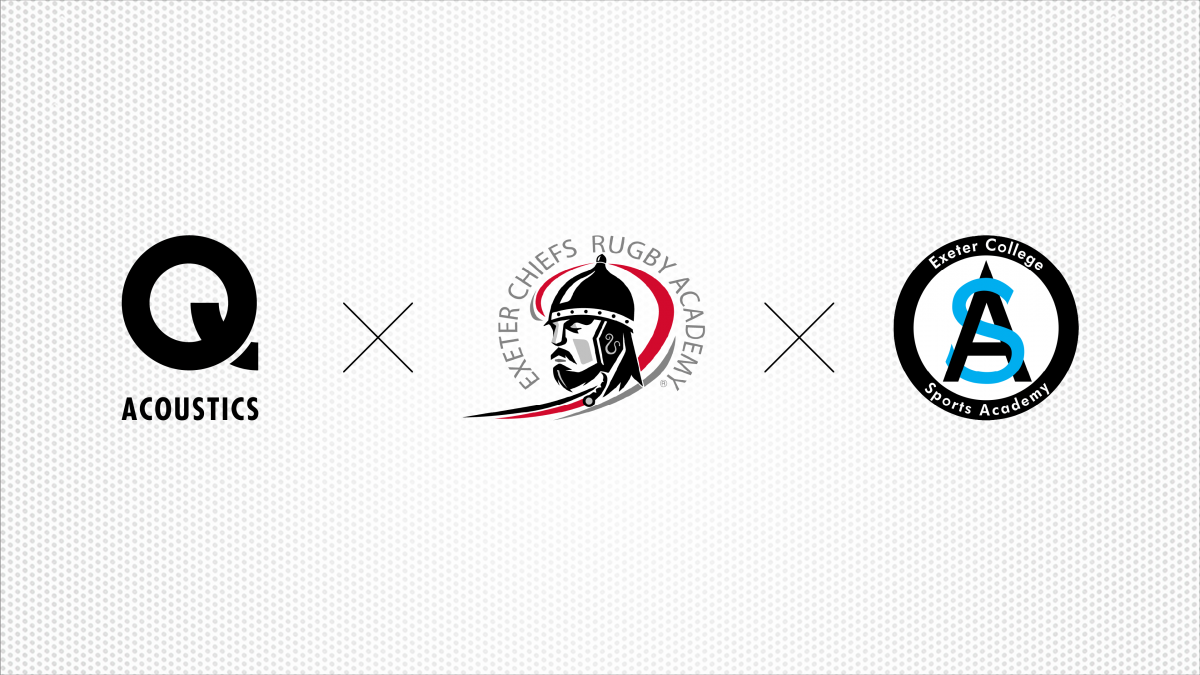 Logos for Q Acoustics, Exeter Chiefs Rugby Academy and Exeter College Academy