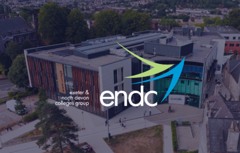 ENDC logo over an aerial shot of Exeter College