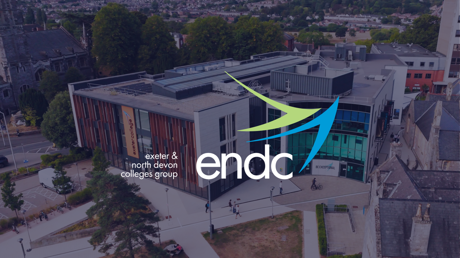 ENDC logo over an aerial shot of Exeter College